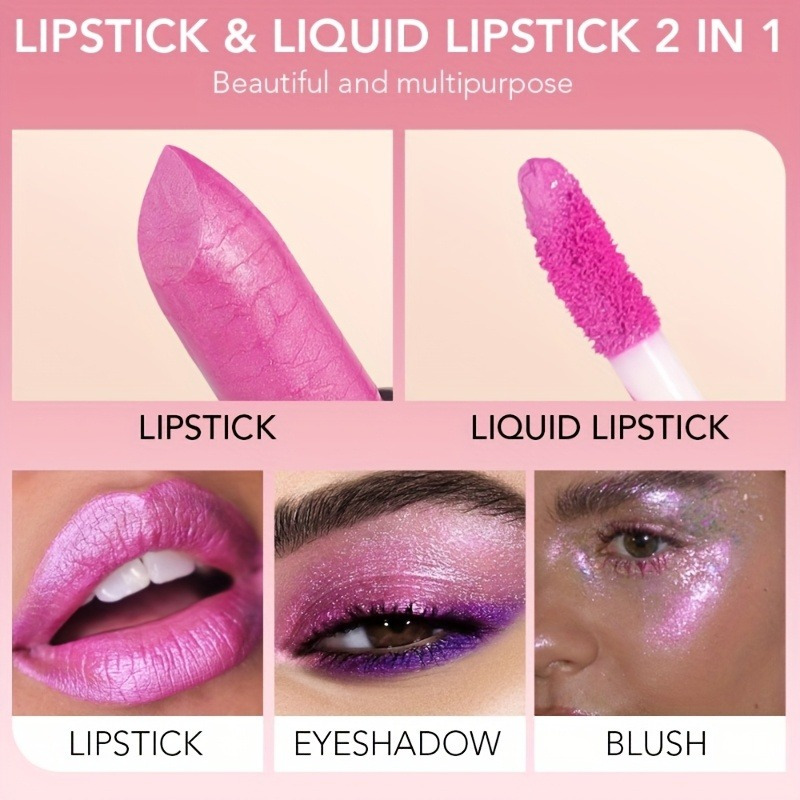 2-in-1 Lipstick & Lip Gloss - Long-Lasting Smudge-Proof Liquid Lipstick with Shimmering Pink Finish, Volumizing Formula for All Light Beige Type, Multi-Use for Lips, Cheeks, - รูปที่ 2