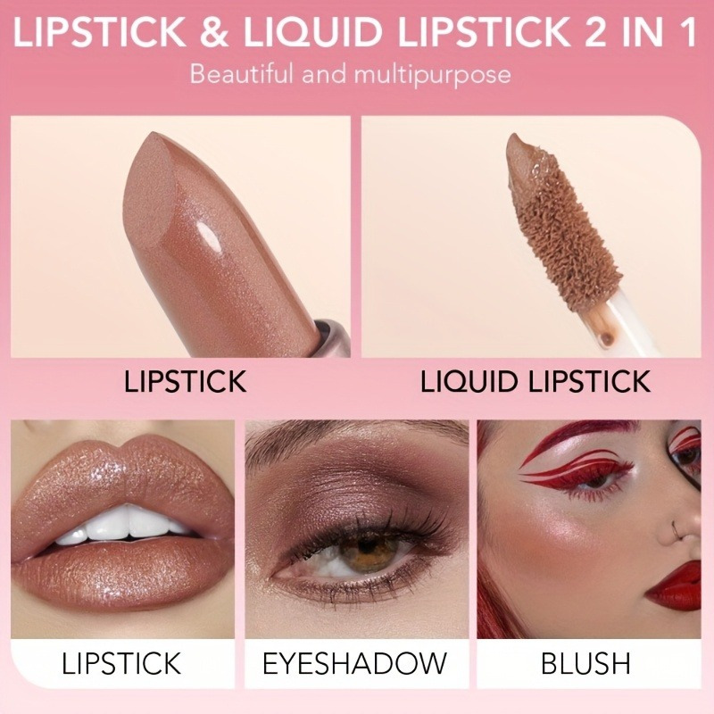 2-in-1 Lipstick & Lip Gloss - Long-Lasting Smudge-Proof Liquid Lipstick with Shimmering Pink Finish, Volumizing Formula for All Light Beige Type, Multi-Use for Lips, Cheeks, - รูปที่ 7