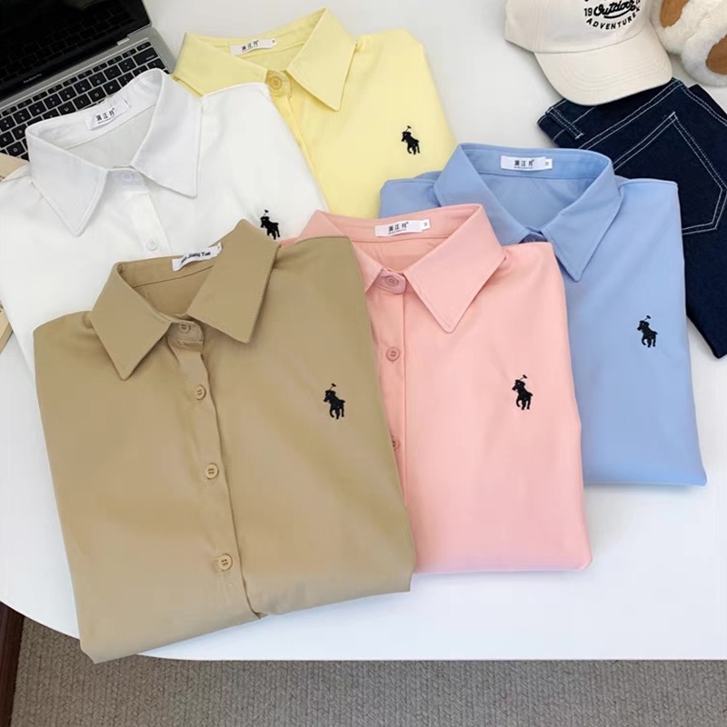 เสื้อเชิ้ตผ้าฝ้ายทรงหลวมสไตล์เกาหลีสําหรับผู้หญิง ม้าน้อย ปักแขนยาวทุกการแข่งขันเสื้อด้านบน