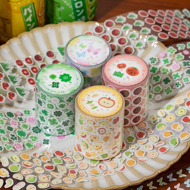 OHAYA | Mini กระพริบทรายสติกเกอร์เทป Four-leaf Clover Apple ผีเสื้อตัดฟิล์มเทปสติกเกอร์สไตล์โบราณจมูกขนาดเล็ก Kagyu วัสดุ All-match คู่มือ diy เคสโทรศัพท์สติกเกอร์