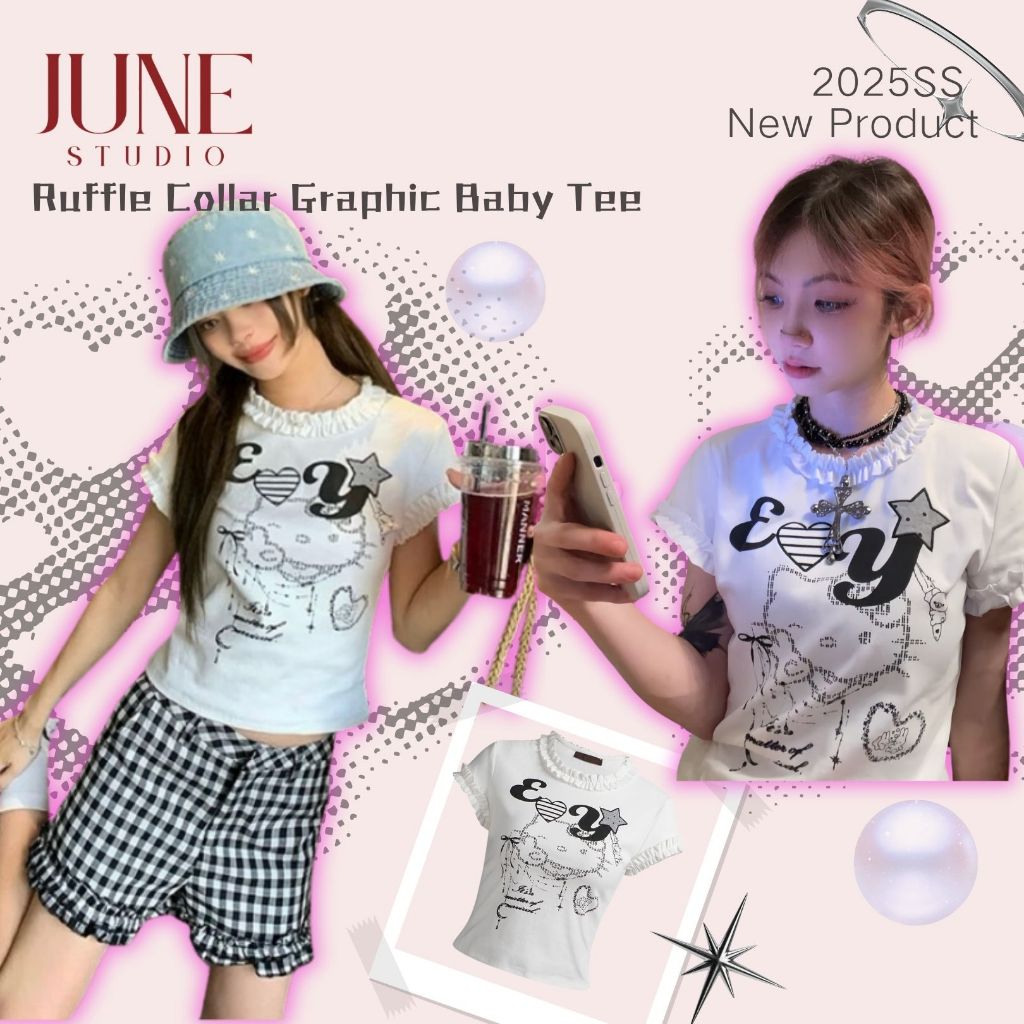 [June Studio] เสื้อยืดพิมพ์ลายลูกแมวสีดําสีขาวปกลูกไม้ใบบัวย้อนยุคฝรั่งเศสน่ารักขี้เล่น