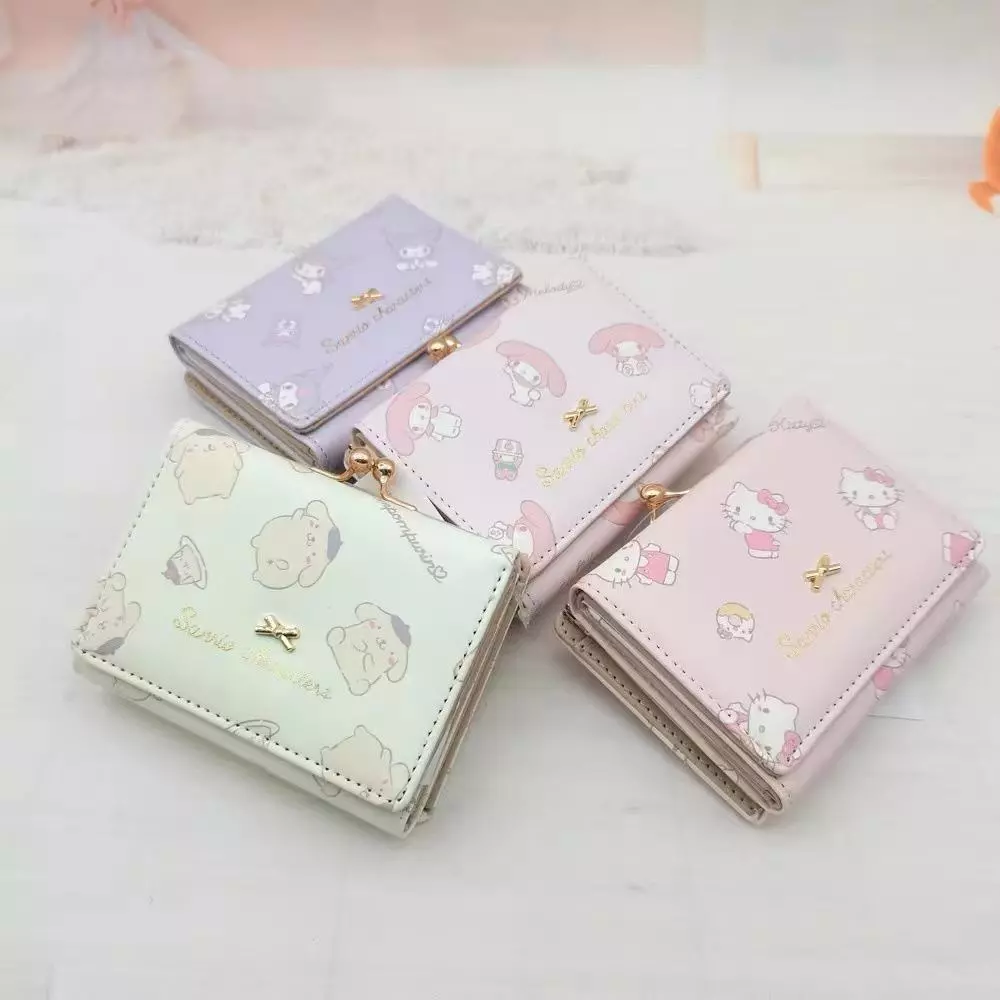 Sanrio HelloKitty mymelody Kuromi Pompom Purin PU ผู้หญิงกระเป๋าสตางค์สั้นซิปหัวเข็มขัดการ์ตูนบุคลิกภาพกระเป๋า