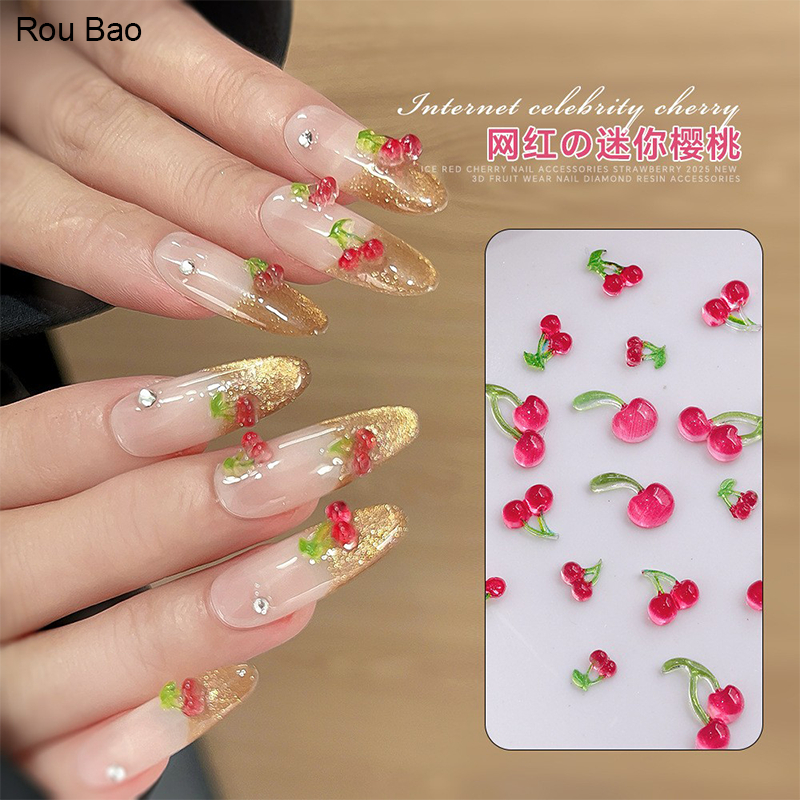 Rou Bao 50 ชิ้นเล็บ Mini Red Cherry น่ารักผลไม้การ์ตูน Girly 3D เรซิ่นเล็บ Art DIY ตกแต่ง