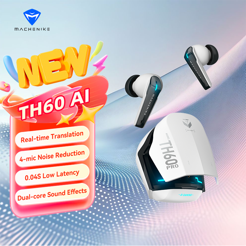 หูฟังไร้สายแบบ AI ของ Machenike TH60 Pro Bluetooth 5.4 TWS 0.04s ชุดหูฟังสำหรับเล่นเกมพร้อมไมโครโฟนสี่ตัว ระบบตัดเสียงรบกวน EMC Dual Core Sound เครื่องแปลภาษาแบบเรียลไทม์ในหูสำหรับเล่นกีฬา