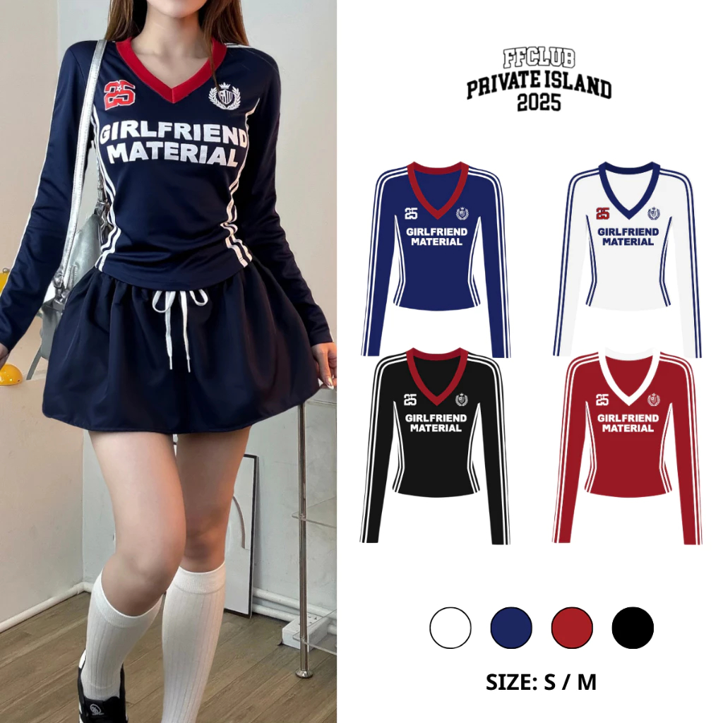 Babytee สไตล์เกาหลี Y2K Crop Tops สำหรับผู้หญิงแขนยาว V คอSlimเสื้อยืดอเมริกัน Retro short sport Jersey Girl Friend Mix Streetwear trend ปี 2025
