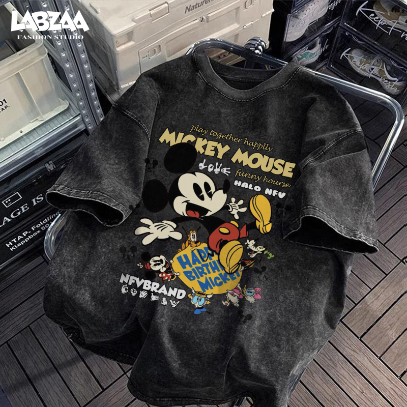 เสื้อยืด oversize⚡ลายมิกกี้เมาส์ คอกลมแขนสั้น วินเทจฟอกน้ำ ใส่สบาย ไม่ต้องรีด แนวสตรีทแฟชั่น YG64