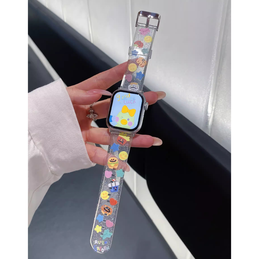 สายนาฬิกาลายการ์ตูนน่ารักใสสําหรับสายนาฬิกา A-pple Series10 9 87654321,SE ,SE2, Ultra Strap ขนาด 41mm 45mm 38mm 40mm 42mm 44mm 49mm iwatch Strap Replacement i watch Strap