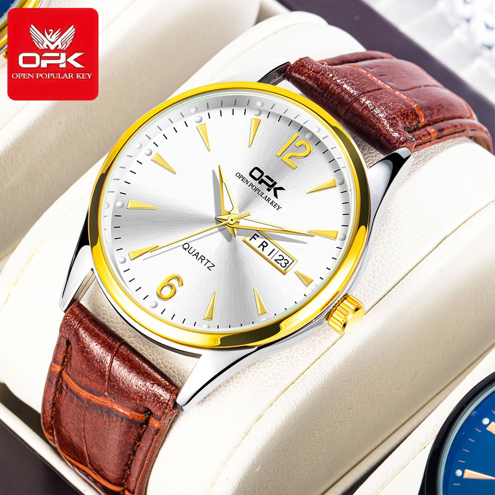 OPK นาฬิกาสำหรับผู้ชาย กันน้ำ ปฏิทินเรืองแสง หนังหรูหรา นาฬิกาธุรกิจ ของขวัญสำหรับผู้ชาย 8138