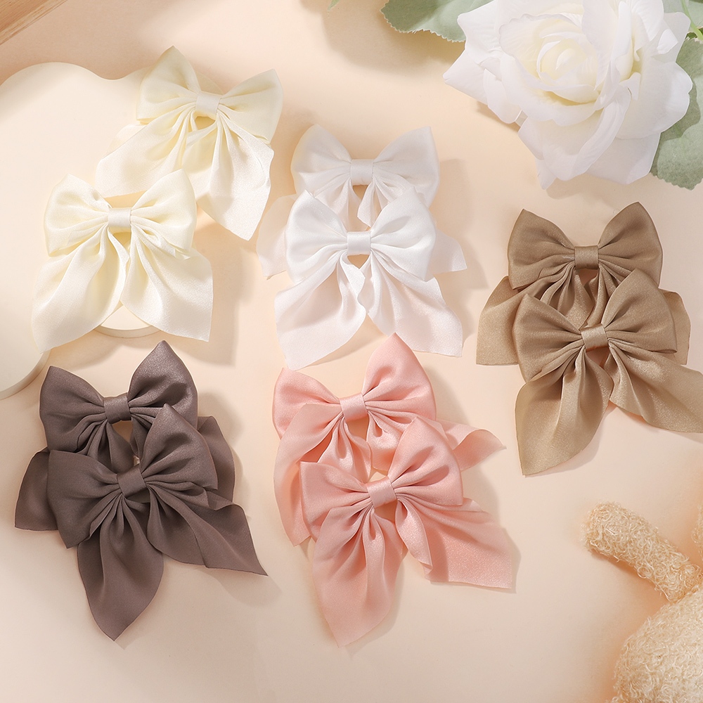 2 ชิ้น/เซ็ต 3.3 นิ้วสีทึบโบว์ผมพร้อมคลิปสําหรับสาวผมหางม้า Hairgrips Headwear อุปกรณ์เสริมผมเด็กคลิปผมของขวัญ