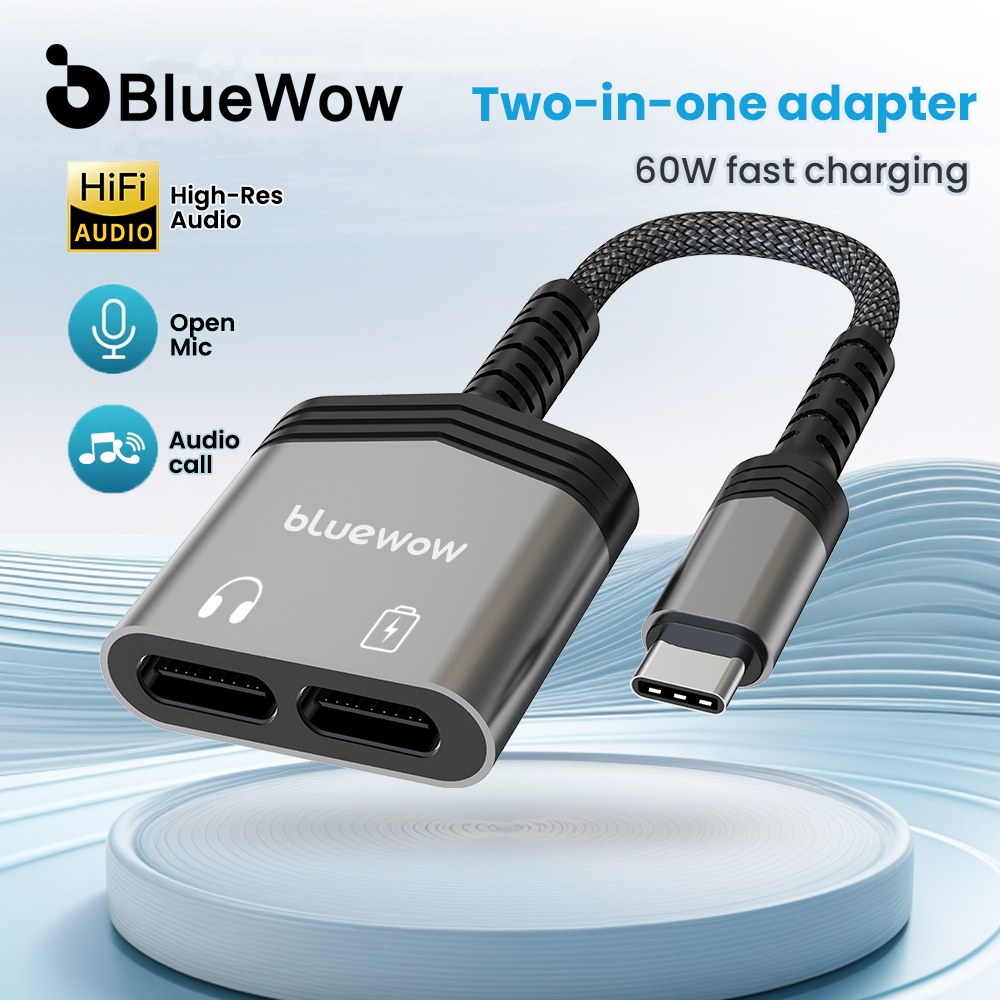 BlueWow อะแดปเตอร์ 2 In 1 Type C Audio แจ็ค 3.5 มม.ชาร์จสายหูฟัง Aux 2 In 1 Splitter
