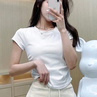✨ เสื้อยืดลำลองสุดจำเป็นสำหรับทุกวัน✨ เหมาะสำหรับเป็นของขวัญ เสื้อยืดผู้หญิงสีพื้นแบบรูดจีบ/พิมพ์ลายโบว์ (หลากสี)