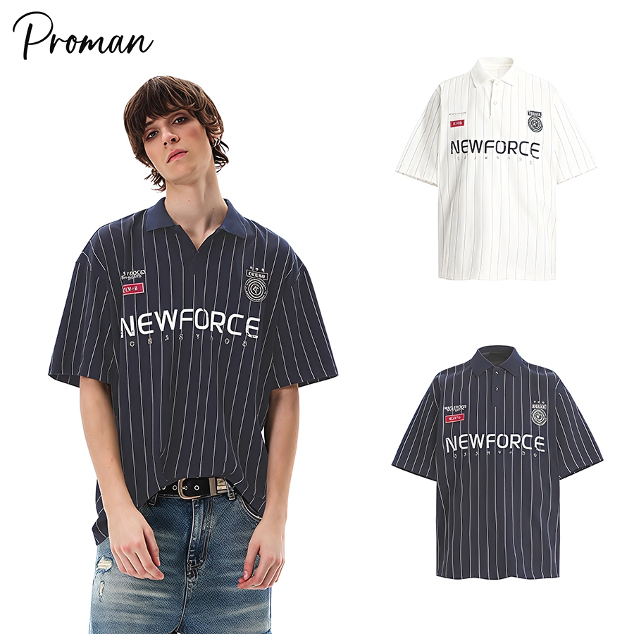 ⚡ProMan⚡เสื้อยืดลายทางแนวตั้งสำหรับผู้ชาย  แนววินเทจ  กีฬา  ยอดนิยม  แบบหลวม  ชุดคู่รัก