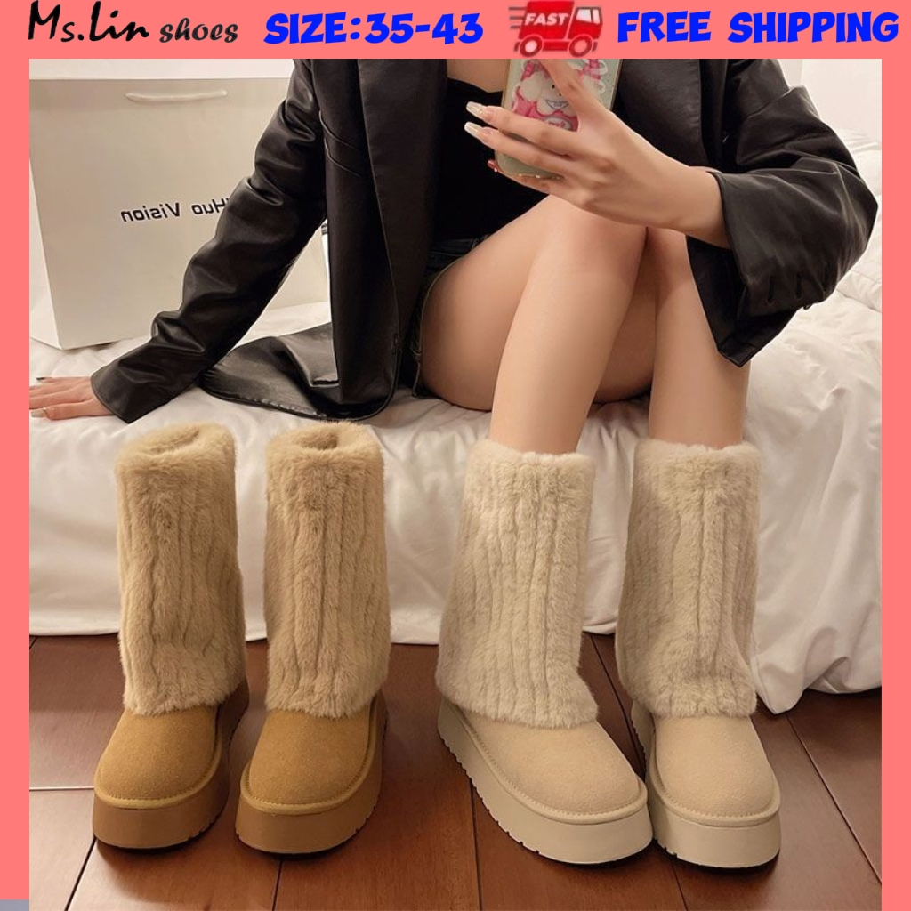Ms.LIN Size 35-43, รองเท้าผู้หญิงขนาดใหญ่, บูทหิมะพื้นหนาและขนแกะ, บูทข้อเท้าผู้หญิง, บูทฤดูหนาว
