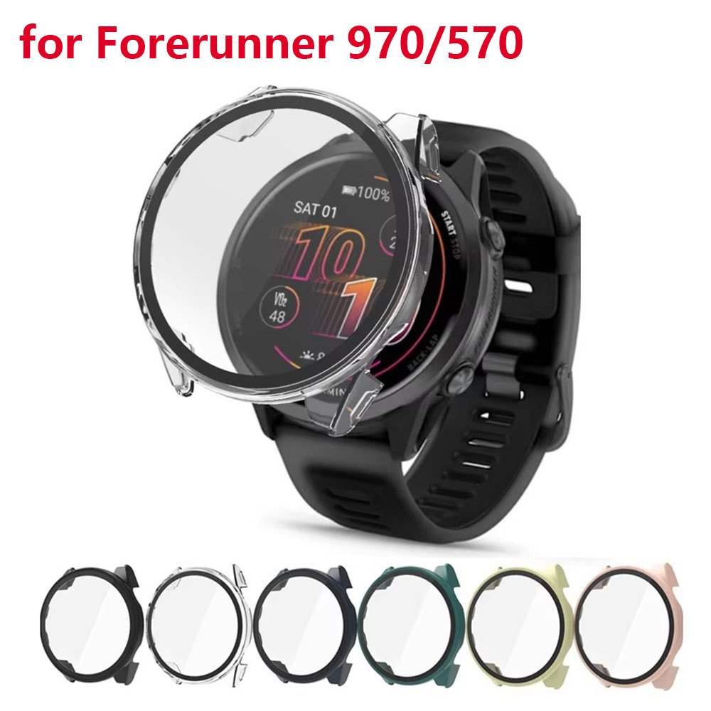 เคสพีซีแบบแข็งสําหรับผู้เบิกทาง Garmin 970/570 สมาร์ทวอทช์ฟิล์มป้องกันหน้าจอกระจกเต็มรูปแบบกรอบป้องกันฝาครอบ