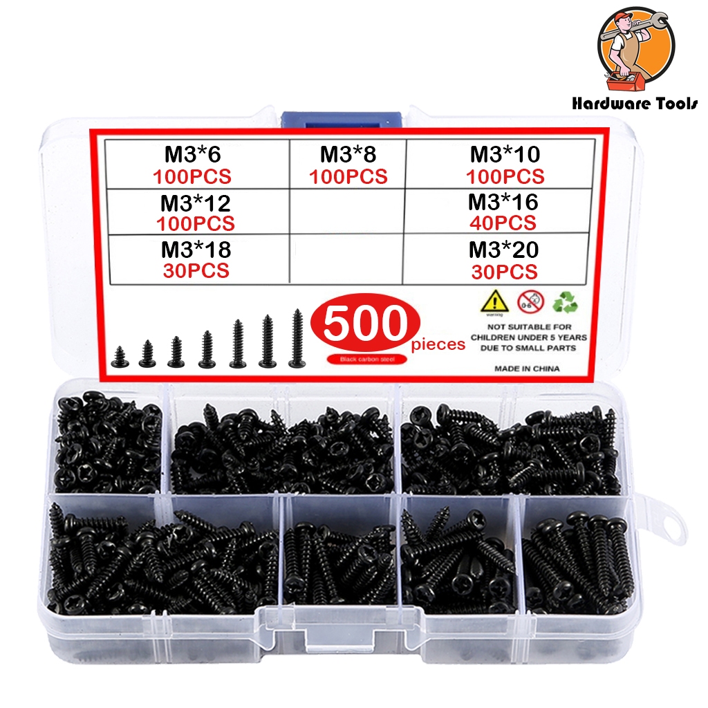 500pcs M3 Self Tapping สกรู 6/8/10/12/16/18/20 มม. Pan Head Cross Self เจาะสกรู Assortment ชุด