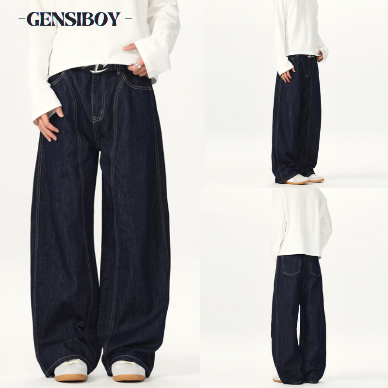Gensiboy-กางเกงยีนส์ผู้ชาย ขายาว สไตล์สตรีท ทรงกระบอก สไตล์เกาหลี  ขนาดใหญ่ baggy jeans สียีนส์ดิบ