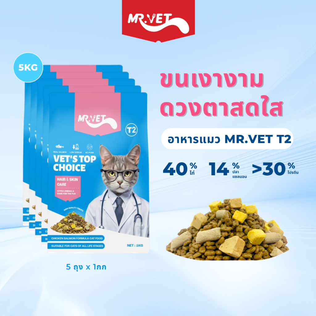 MR.VET T2 อาหารแมวแห้ง 5กก. มีโอเมก้า-3 บำรุงผิวและขน เหมาะสําหรับแมวทุกวัย