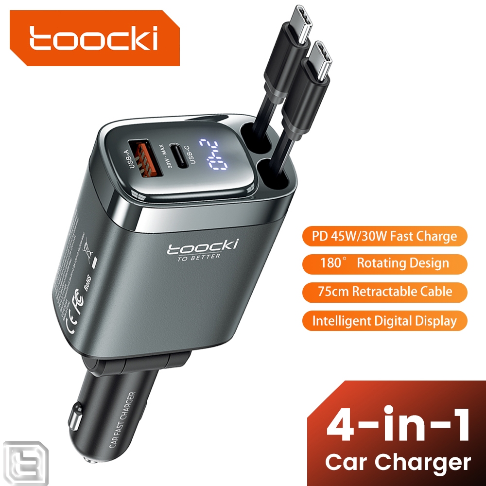 Toocki 105W ที่ชาร์จแบตในรถพร้อมสายเคเบิลแบบพับเก็บได้คู่ PD45W 30W QC4.0 Fast Charging รถ Adapter Led จอแสดงผลดิจิตอล 180° การออกแบบแบบหมุน