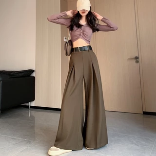 กางเกงขาบาน สไตล์เกาหลี ผู้หญิง เอวสูง สีทึบ ทรงหลวม ยาวลากพื้น ส่งจากไทย