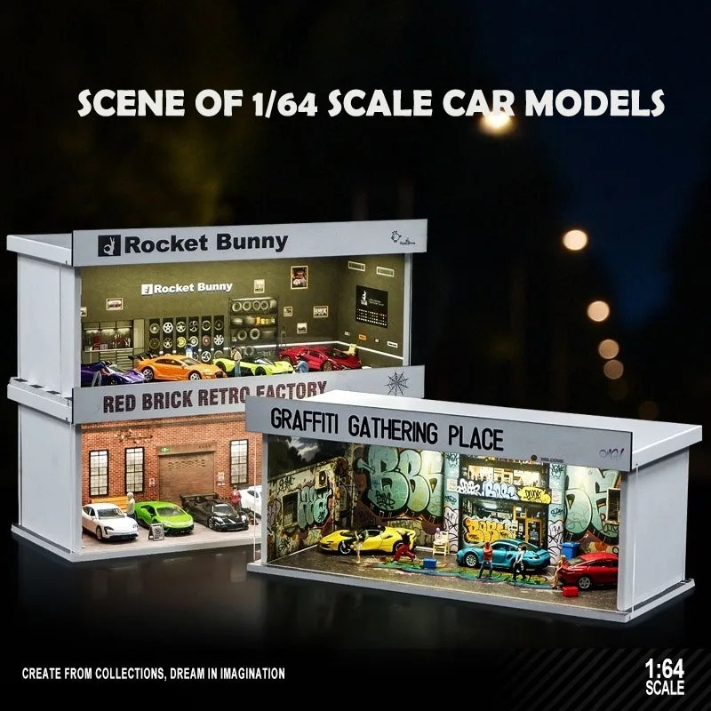 Diorama 1/64 ที่จอดรถสําหรับรถรุ่นโรงรถฉากรุ่นแสงประกอบที่เรียบง่ายรถรุ่นกล่องแสดง