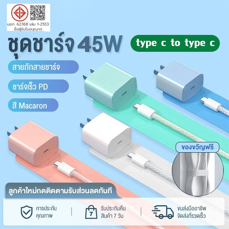 สายชาร์จ หัวชาร์จคุณภาพสูง ชาร์จไว 45W PD Macaron ชุดชาร์จเร็ว สายถักห C to C สำหรับ iP15～16pro max / ไอpad