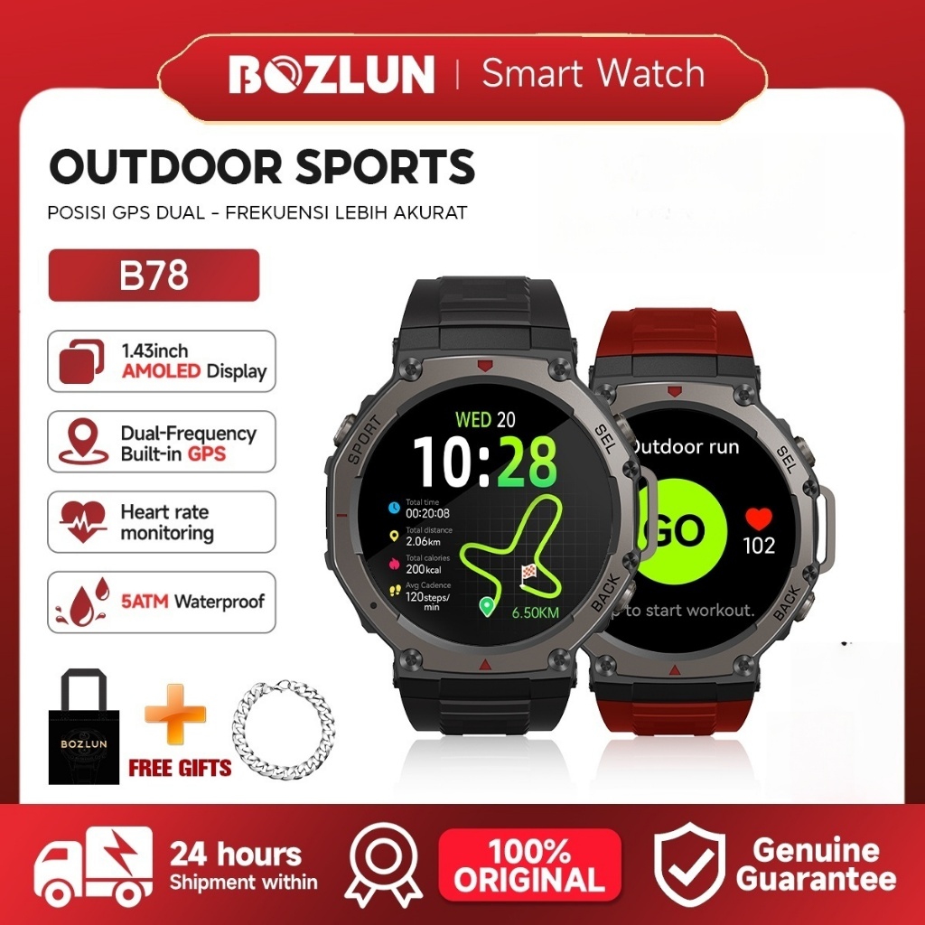 BOZLUN1.43 หน้าจอ AMOLED พร้อม GPS ติดตามที่แม่นยํา กีฬากลางแจ้งว่ายน้ํากันน้ํา 500mAh แบตเตอรี่ความ