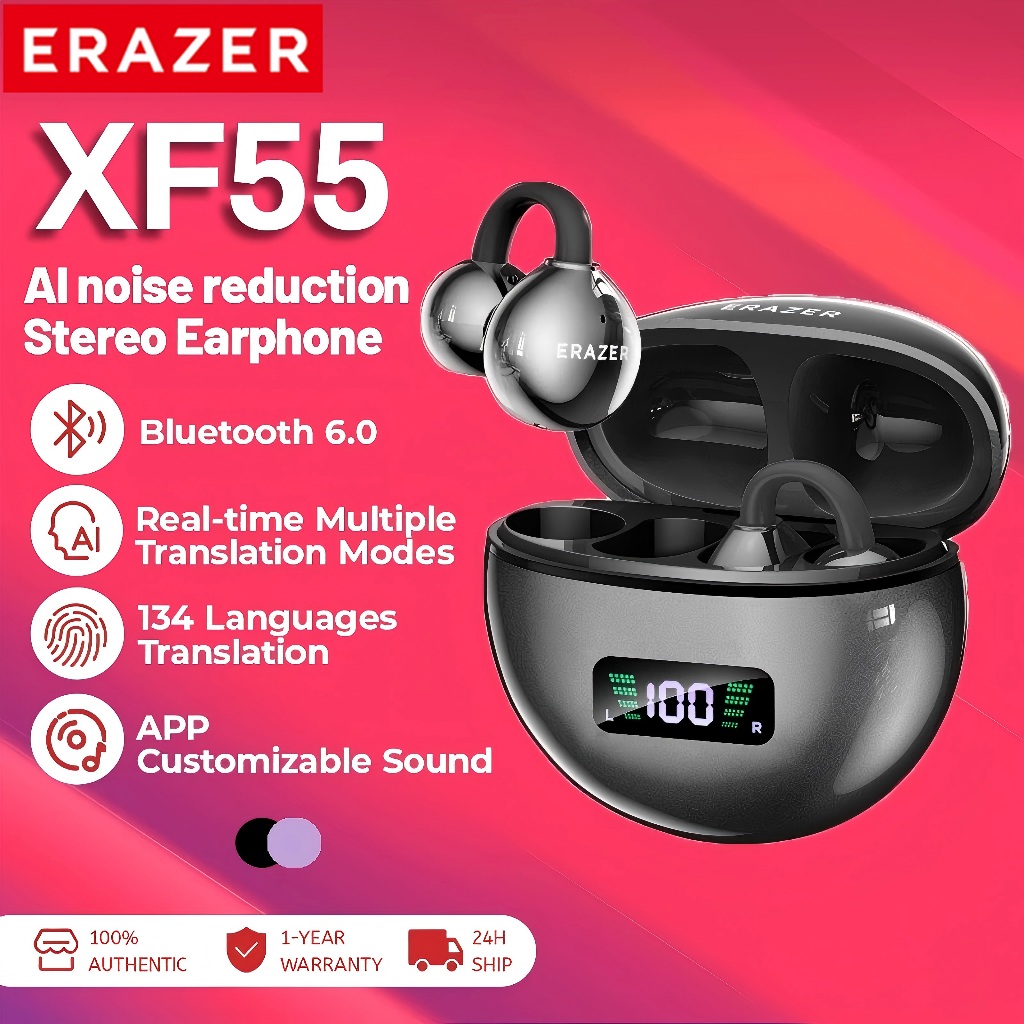 ERAZER XF55 Al สมาร์ทการแปลแบบเรียลไทม์หูฟังบลูทูธตัดเสียงรบกวน Ear Clip คลิปหูประเภทหูฟังบลูทูธ 6.0 พร้อมจอแสดงผล LED หูฟังไร้สายสเตอริโอไฮไฟ
