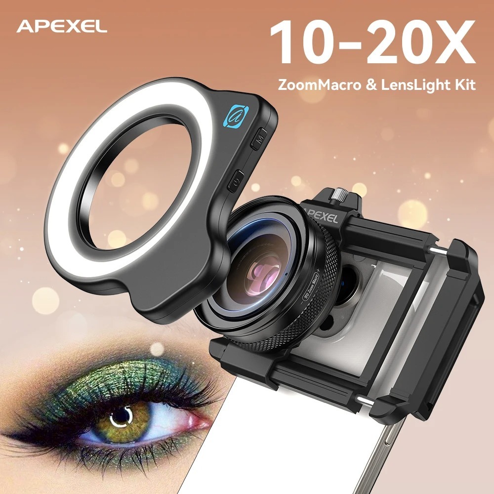 APEXEL 10-20X ซูมเลนส์มาโคร HD Micro เลนส์กล้องโทรศัพท์สําหรับโทรศัพท์ iPhone/Android พร้อมคลิปสากล & 45 โหมดเติมแสง