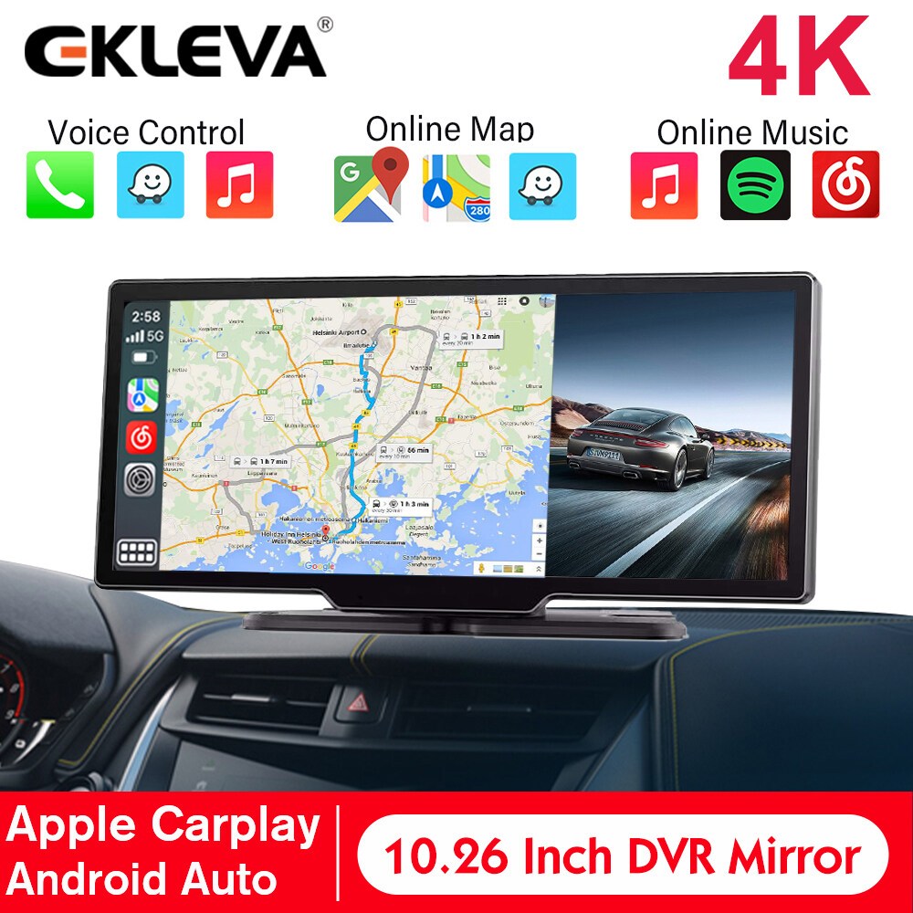EKLEVA 10.26 Inch 4K Car Dashboard Dash Cam Carplay & Android Auto Wireless Dual Camera Video Record