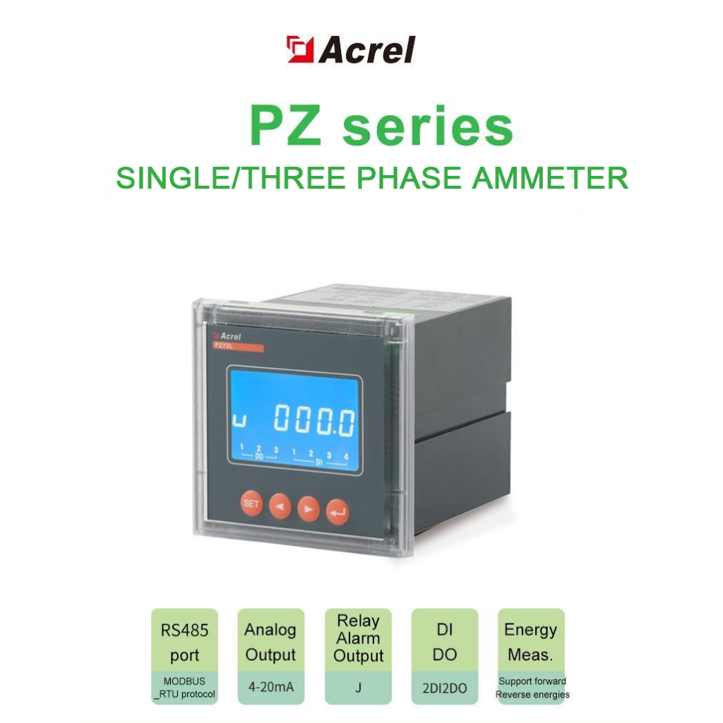 Acral PZ96L-E4 3 เฟส 4 สาย Energy Meter Pannel ประเภท Power Meter 380V 5A อินพุต 2DI/DO & RS485 การส
