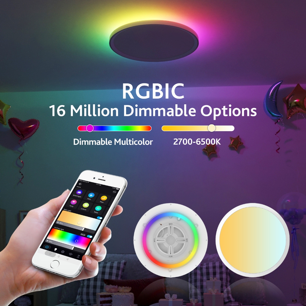 ใหม่ 30W ไฟเพดานอัจฉริยะ, การผสมสี rgbcw, Wifi, บลูทูธ, รีโมทคอนโทรล, เสียง Alexa, ไฟเพดานสี phantom rgbcw ทรงกลมบาง