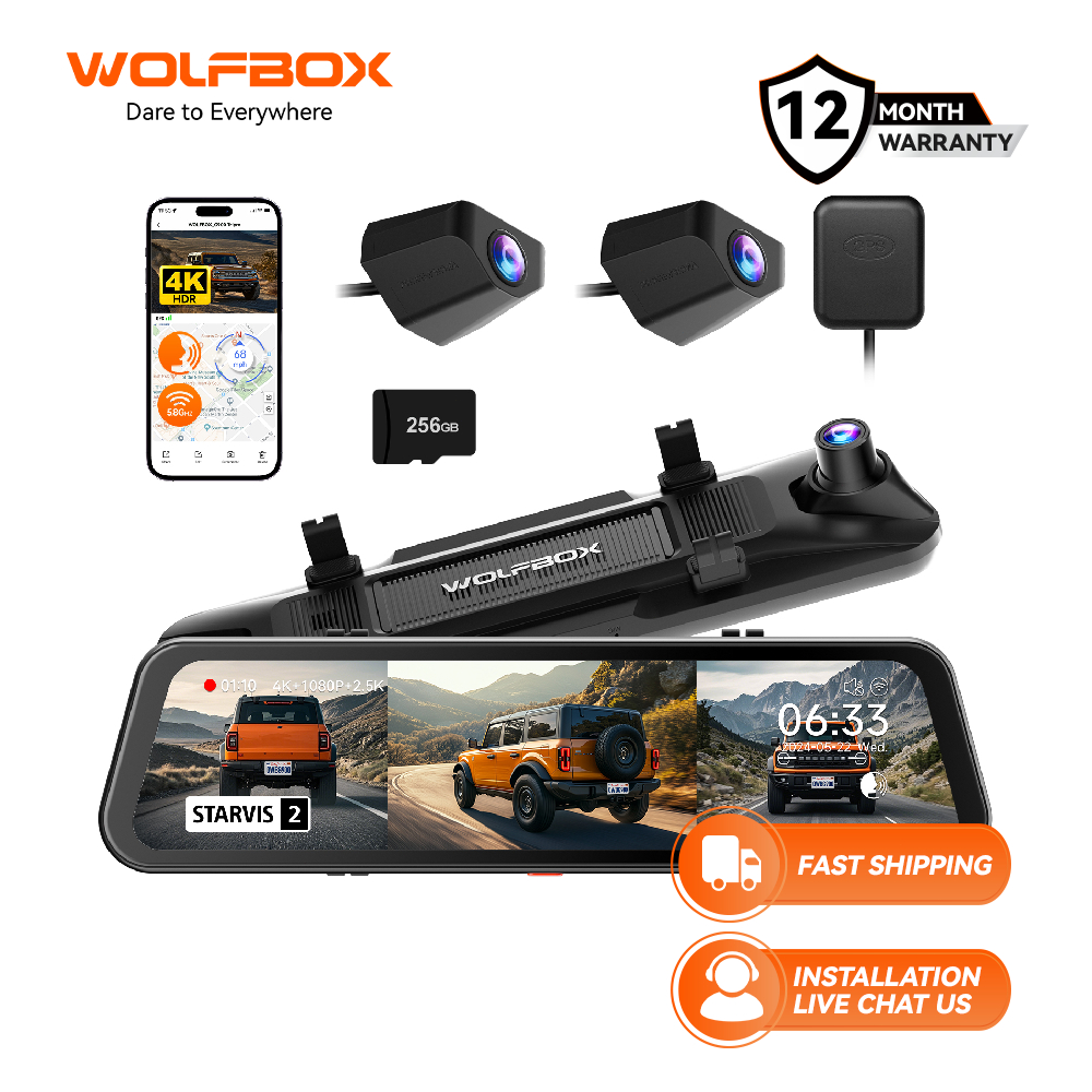 WOLFBOX G900 Tripro Bumper Version 3-Channel 4K Mirror Dash Cam, STARVIS 2 IMX678, 4K+2.5K+1080P, Night Vision, การควบคุมด้วยเสียง, 5.8GHz WiFi, GPS, 256GB Card