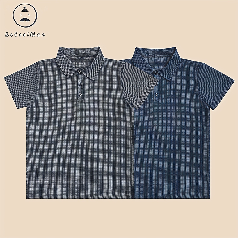 💥BECoolMan💥แขนสั้นผ้าไหมไอซ์สำหรับฤดูร้อนของผู้ชาย เสื้อโปโลทรงหลวมระบายอากาศ เสื้อคอปกสไตล์ธุรกิจ