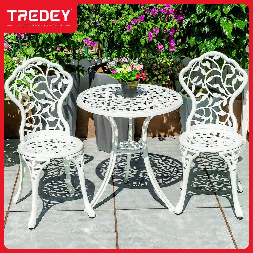 TREDEY เฟอร์นิเจอร์กลางแจ้งหล่อเฟอร์นิเจอร์อลูมิเนียม,60 ซม.เส้นผ่านศูนย์กลางรอบโต๊ะและเก้าอี้ 2 เก้าอี้สําหรับระเบียง,Patio