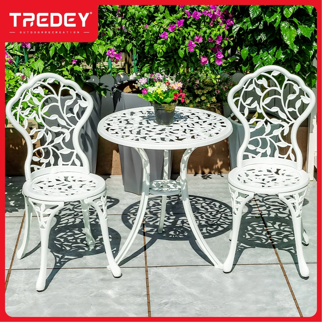 TREDEY เฟอร์นิเจอร์กลางแจ้งหล่อเฟอร์นิเจอร์อลูมิเนียม,60 ซม.เส้นผ่านศูนย์กลางรอบโต๊ะและเก้าอี้ 2 เก้าอี้สําหรับระเบียง,Patio