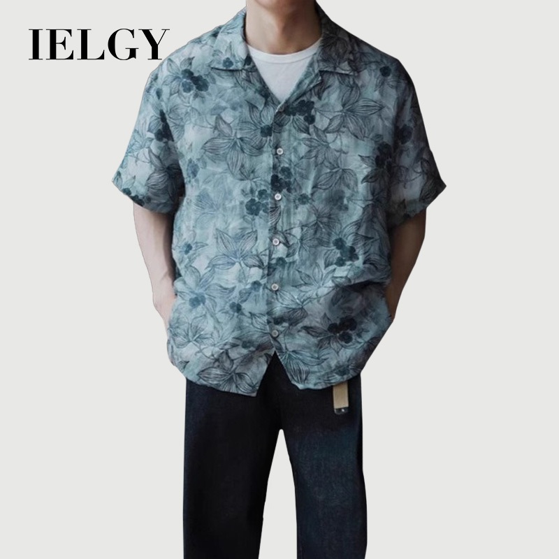 IELGY พิมพ์ปกเสื้อเชิ้ตผู้ชายฮาวายแขนสั้นเสื้อหลวม
