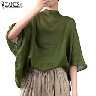 ZANZEA ซานเซีย ผู้หญิงเกาหลีหรูหราแขนสามในสี่ยืนปกเสื้อเบลาส…