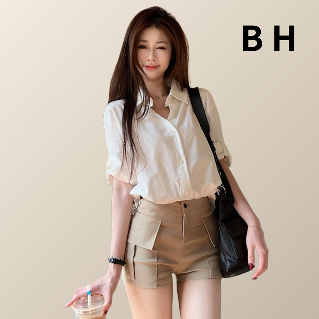 ชุดสไตล์เกาหลีสำหรับผู้หญิง ทำจากผ้าลินินและผ้าฝ้าย เสื้อเชิ้ตสีขาวยกกระดูกงอนแขนสั้น ทรงหลวมผ่อนคลาย