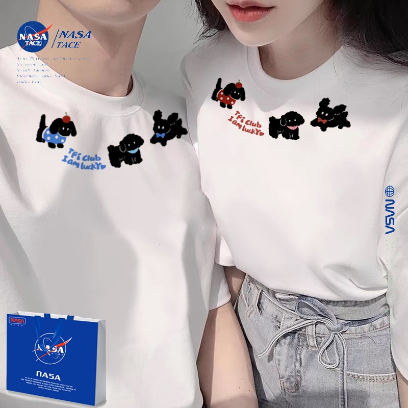 NASA เสื้อยืดหญิงชาย สไตล์อเมริกัน เสื้อ summer 2025 พิมพ์ลาย NASA ผ้าฝ้ายแท้ คอกลม ทรงหลวม ระบายอาก
