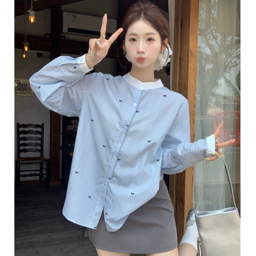 Laterme เสื้อเชิ้ตลายทางแขนยาวแฟชั่นสำหรับผู้หญิง ผูกโบว์