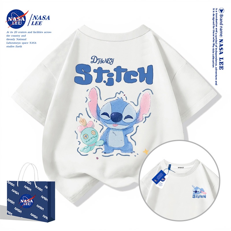 【ของพร้อมส่ง】เสื้อยืดเด็ก NASA สีขาว ผ้าฝ้ายพรีเมียม ลายสติทช์ (Stitch) สำหรับเด็กชาย-เด็กหญิง ดีไซน์สไตล์เกาหลีน่ารัก