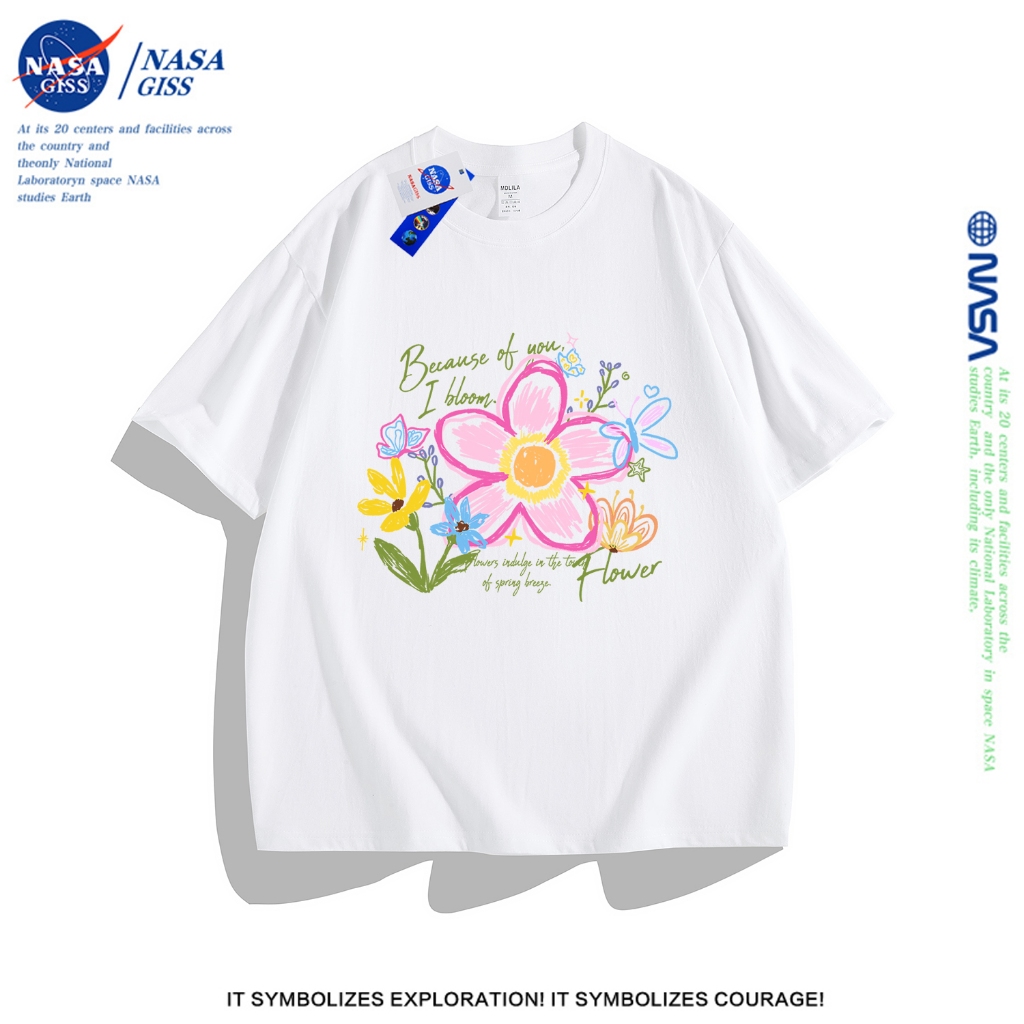 NASA เสื้อยืดหญิงชาย สไตล์ลำลอง เสื้อยืด summer flower พิมพ์ลาย เสื้อยืด cotton คอกลม ทรงหลวม ระบายอากาศ