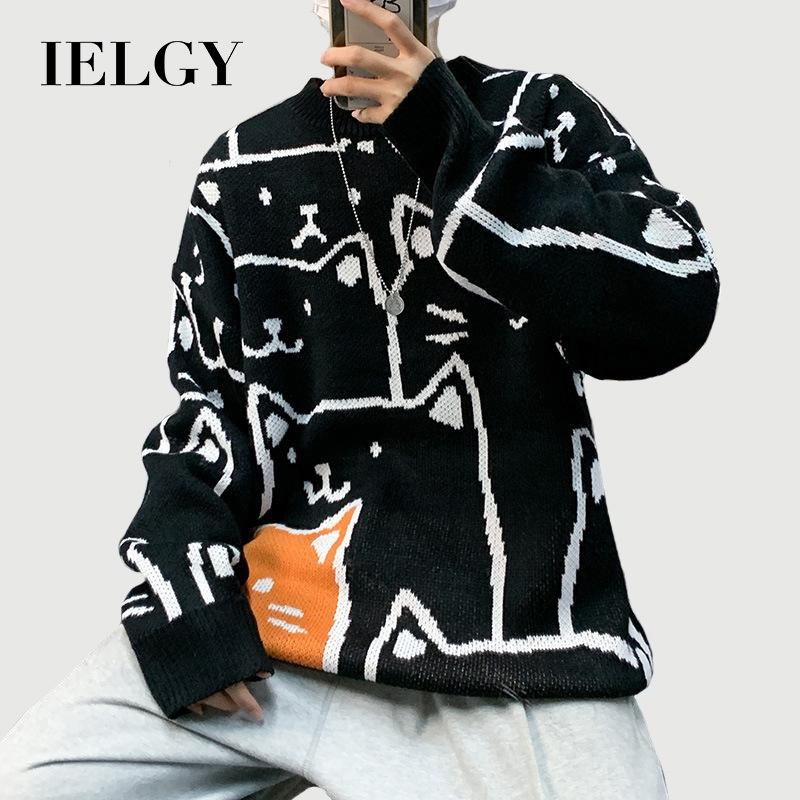 IELGY ฮอง กง สไตล์หลวมสบายๆการ์ตูนรอบคอเสื้อกันหนาวผู้ชาย