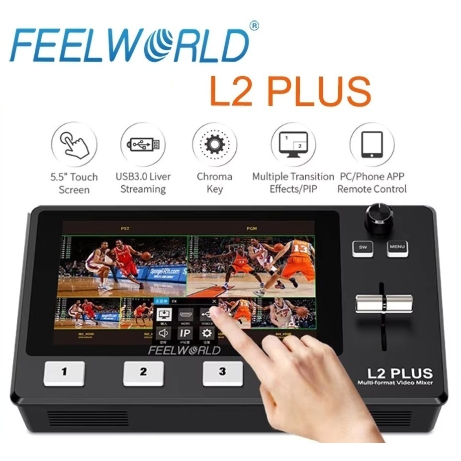 FEELWORLD Multi Camera Video Mixer Switcher L2 Plus 5.5 นิ้วหน้าจอสัมผัส LCD 4 อินพุต HDMI USB3.0 เอ