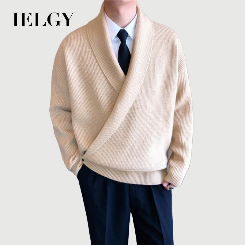 IELGY สไตล์เกาหลีสีทึบหลวม big v คอเสื้อกันหนาวผู้ชาย