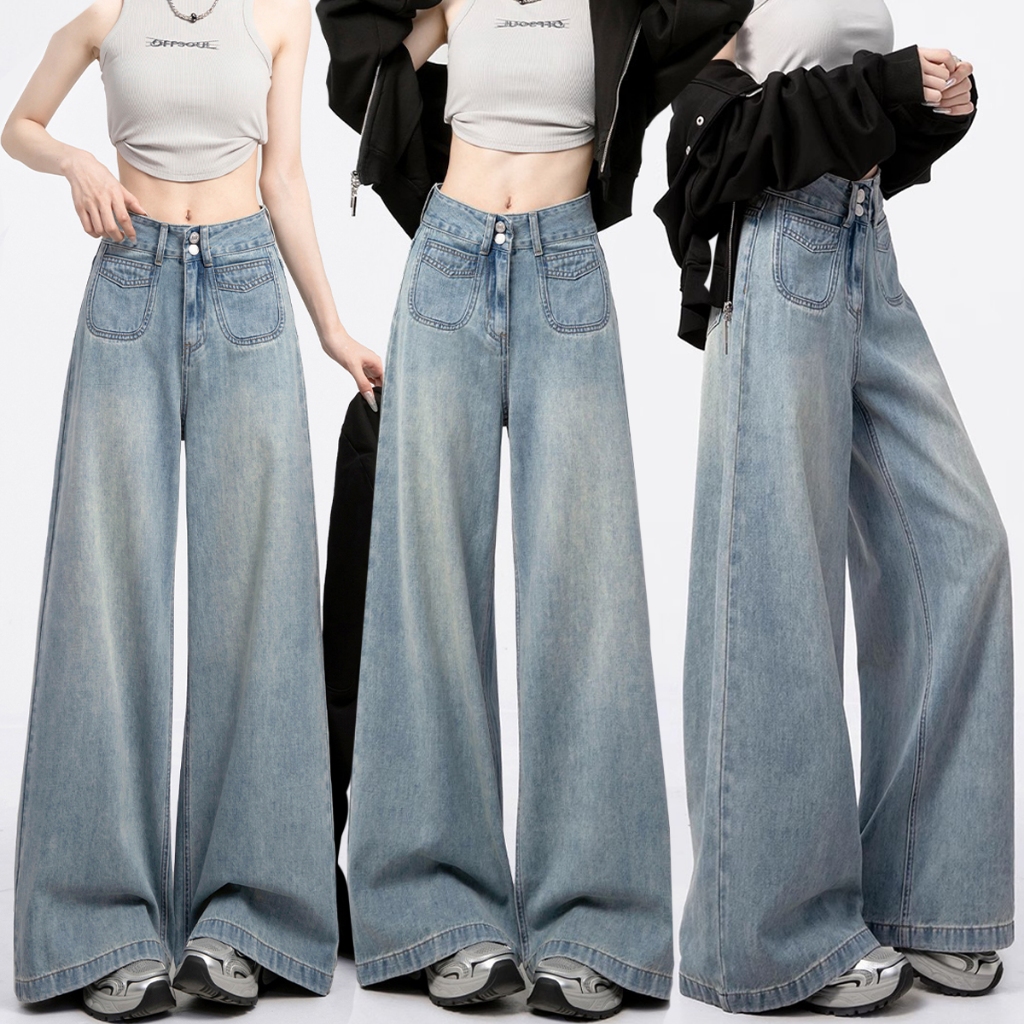 S-5XL กางเกงยีนส์ขายาว ขากว้าง สีฟ้า ทรงหลวม เอวสูง สไตล์เกาหลี Bigsize HOT