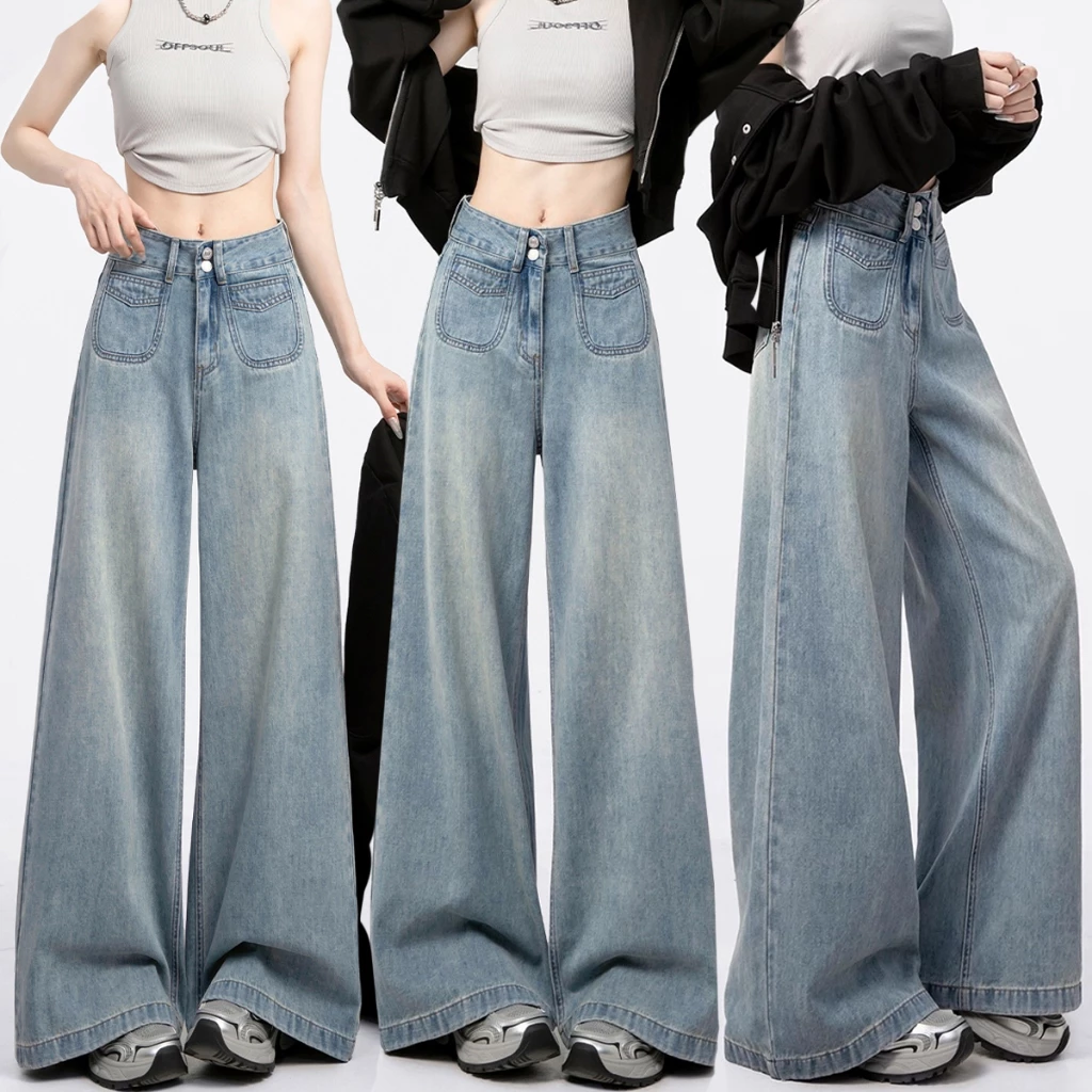 S-5XL กางเกงยีนส์ขายาว ขากว้าง สีฟ้า ทรงหลวม เอวสูง สไตล์เกาหลี Bigsize HOT