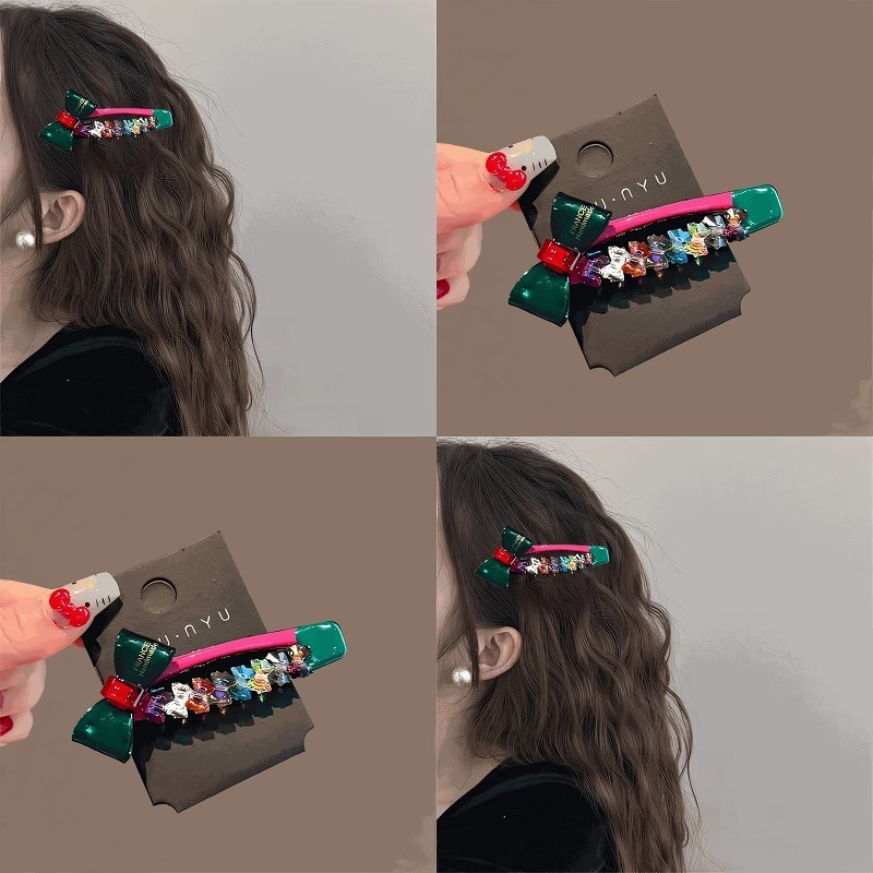 เกาหลี Dongda High-End สาวที่มีสีสันคริสตัลโบว์เนื้อ Bangs ด้านข้างคลิป Duckbill