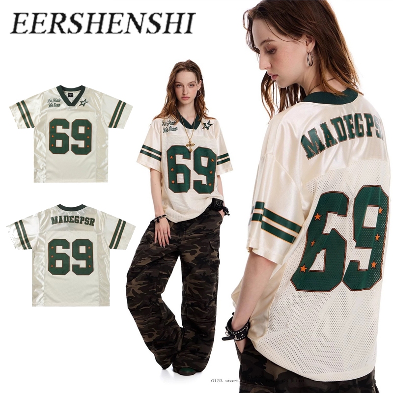 EERSHENSHI เสื้อยืดคอวีผ้าตาข่ายพิมพ์ลายตัวอักษรสไตล์อเมริกันย้อนยุคสำหรับฤดูร้อน เสื้อสเวตเตอร์สไตล์ไฮสตรีทแบบยูนิเซ็กซ์