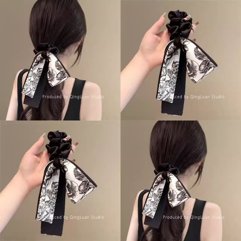 หมึกพิมพ์รูปแบบแหวนผมอารมณ์ซาตินริบบิ้นโบว์อุปกรณ์ผม